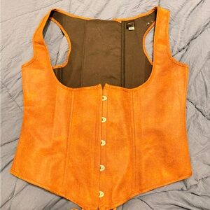 Faux brown suede corset, tie back front button Women's Top